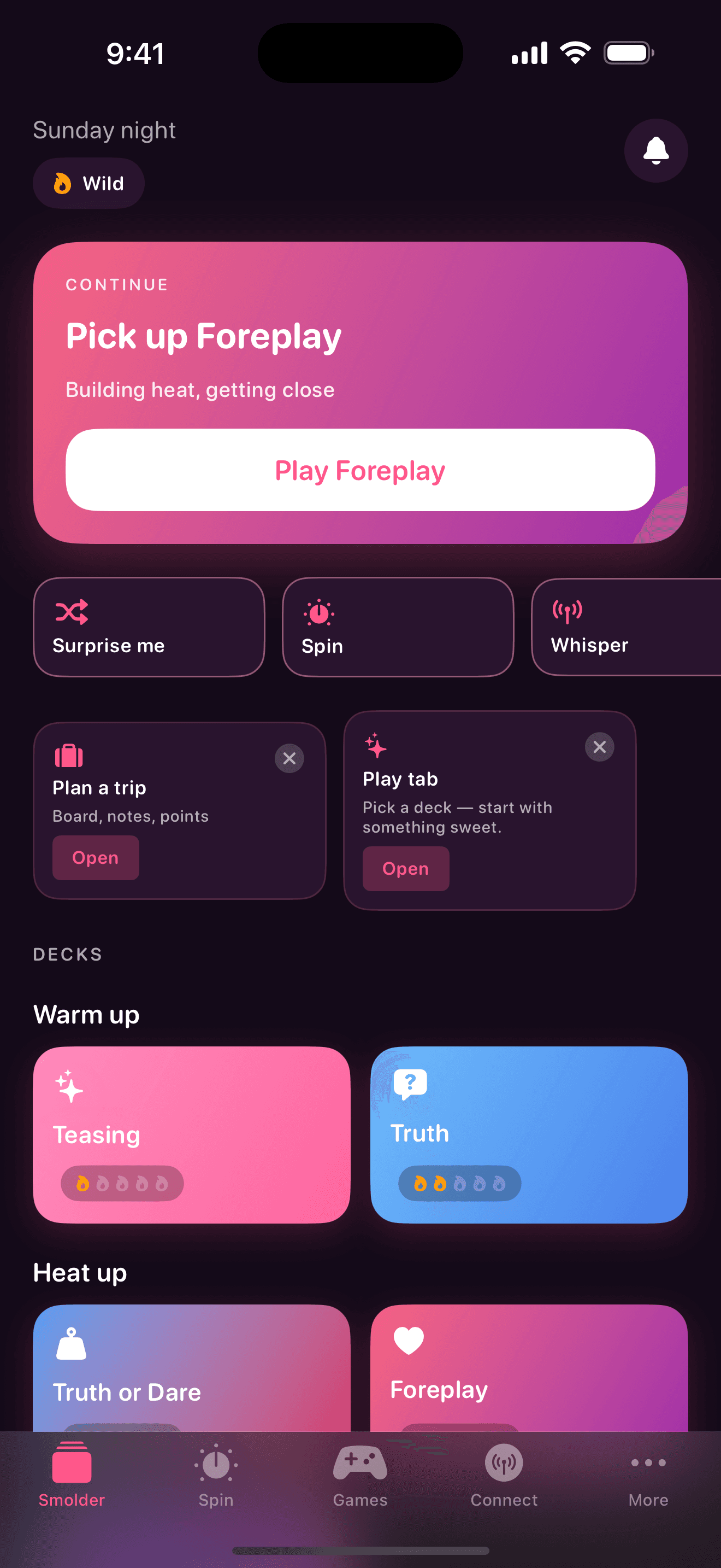 Smolder home screen showing card decks