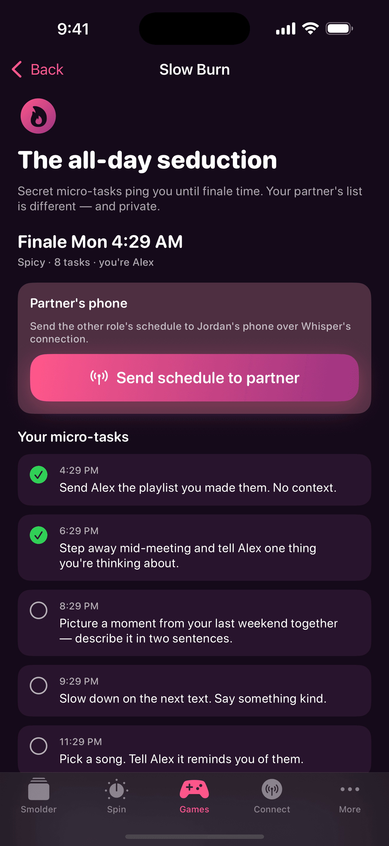Slow Burn timeline with micro-tasks